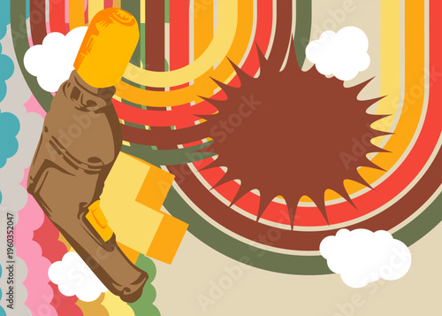 Retro 70s Background with Drill. Groovy Power Tool 1970s art template. Minimalistic Vintage design poster. Old-fashioned color artwork.