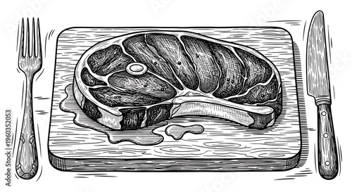 Hand drawn steak on wooden cutting board with fork and knife, vector illustration of raw meat, vintage sketch style