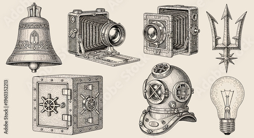 Set of vintage objects bell, old camera, trident, safe, diving helmet and light bulb hand drawn vector illustration in engraving style