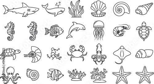 Large collection of sea creature line art icons featuring shark whale dolphin seahorse turtle octopus and coral reef elements for marine biology education and coastal lifestyle designs