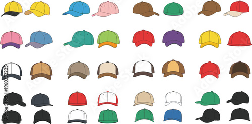 Colorful baseball caps collection vector set featuring various styles, colors and angles including front, side and back views isolated on white background