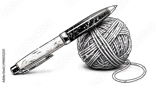 A detailed black and white illustration of a ball of yarn with a pen resting on top