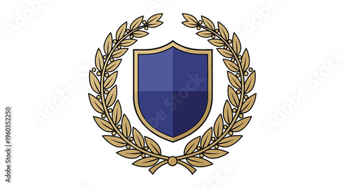Golden laurel wreath with blue shield emblem, vector illustration of a heraldic crest for awards, achievements, or luxury branding