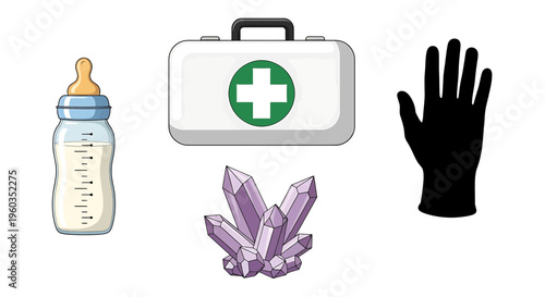 Set of baby bottle, first aid kit, amethyst crystal cluster and black hand silhouette