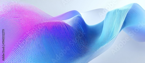 Abstract flowing, wavy form rendered in gradients of blue, purple, and white against a light gray backdrop
