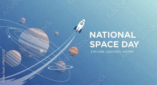 National space day rocket soars through solar system with planets and orbits in deep blue background