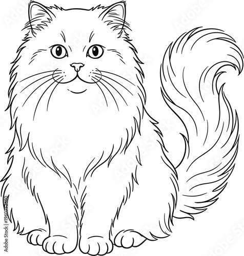 Fluffy longhair Persian cat sitting gracefully with beautiful tail in black and white line art vector illustration,