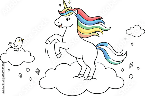 Happy Rainbow Unicorn Prancing On Fluffy Clouds With Small Bird And Sparkling Crystals Fantasy Vector Illustration Design.