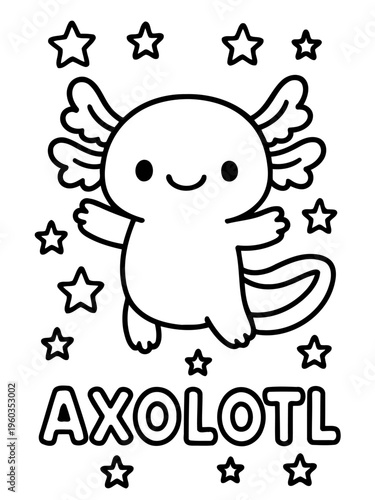 Axolotl Illustration: Adorable line art illustration of an axolotl with stars, ready for coloring, perfectly captures the charm and whimsy of this unique aquatic creature.