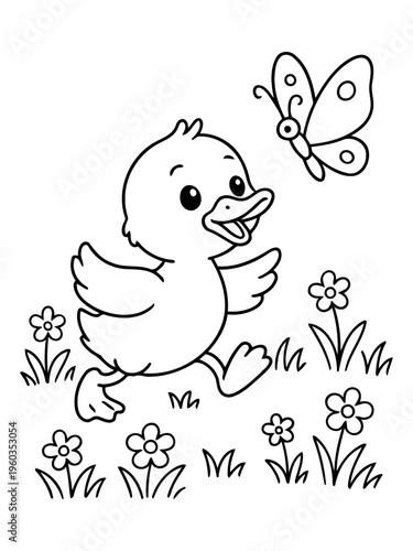 Playful Duckling and Butterfly: A cheerful duckling, full of life and joy, chases after a fluttering butterfly, amidst a field of delicate flowers. This scene captures the simple happiness of nature.