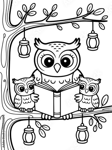 Wise Owls' Study Session: A heartwarming illustration shows a wise owl perched on a tree branch, diligently reading a book with two adorable owlets. The scene conveys a message of education.