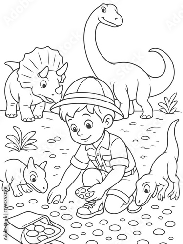 Dinosaur Explorer's Discovery: A young explorer discovers a trove of ancient relics alongside a group of friendly dinosaurs, igniting curiosity and wonder.