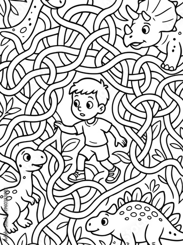 Maze Journey: A young adventurer navigates a labyrinth of winding paths and prehistoric creatures, testing his wit and courage in a world of mystery and discovery.