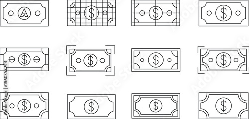 Money Bills Icon Set with Various Dollar Banknotes and Currency Symbols for Financial and Business Designs