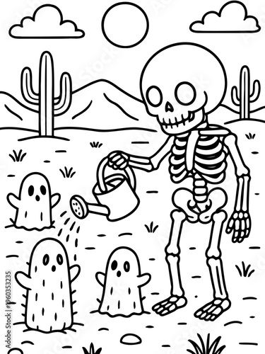 Skeleton Nurturing Spooky Garden: In a whimsical black-and-white illustration, a skeletal figure tends to a garden of spectral beings.