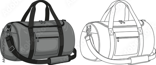 Set of grey and line art duffel bag vector illustrations isolated on white background for travel gym sports and luggage product design