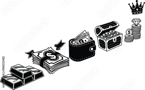 Wealth and Treasure Icons Set with Money, Jewelry, Vaults, and Crown Symbols for Luxury and Financial Designs