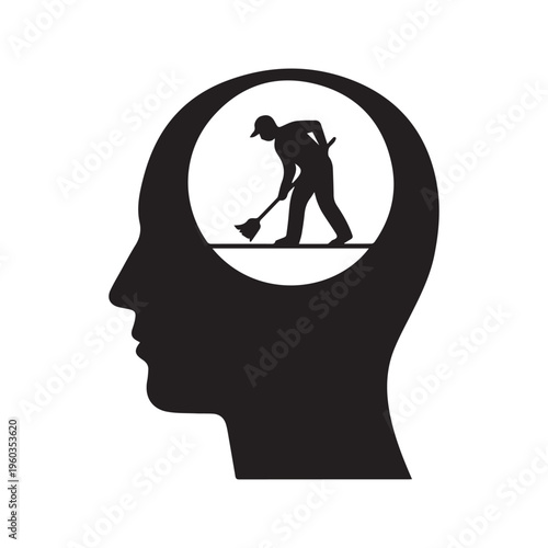 Silhouette of a human head with a man sweeping inside representing mental clearing and psychological hygiene concept
