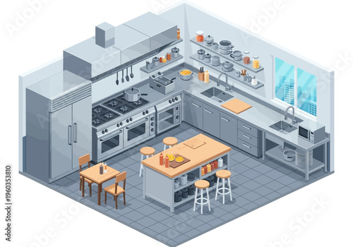 Modern Isometric Commercial Kitchen Design with Stainless Steel Appliances and Wooden Island