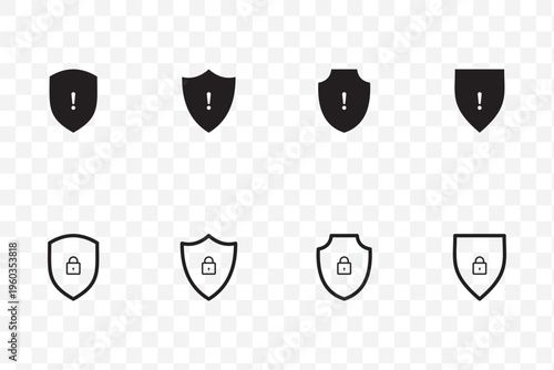 Security shield icon set. Shield check mark symbols. Protection and padlock logotypes. Vector illustration.