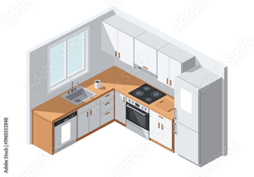 Modern L-shaped kitchen interior with appliances and cabinetry