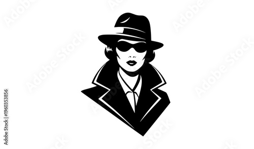 Retro noir woman portrait silhouette mafia style female character vector illustration isolated on white background