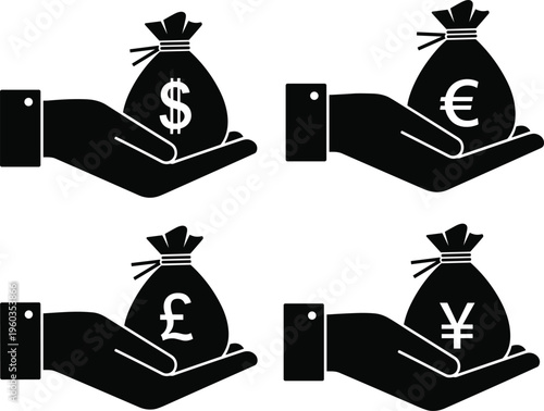 Set of hand holding money bag icons with dollar euro pound and yen currency symbols isolated on white background for financial design