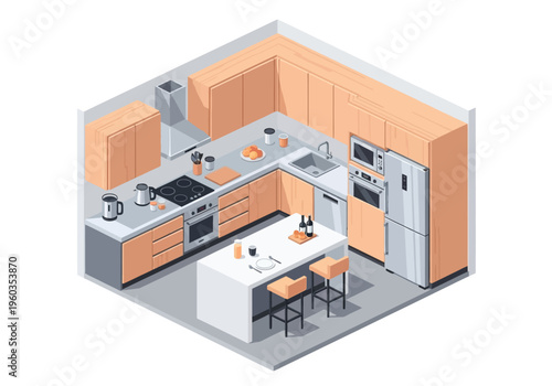 Isometric kitchen illustration with modern appliances and furniture, a perfect space for culinary activities