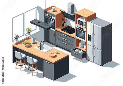 Modern kitchen interior design with island, appliances and bar stools in a contemporary style