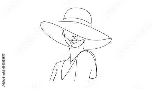 Minimal fashion woman wide brim hat line drawing elegant female portrait vector isolated on white background