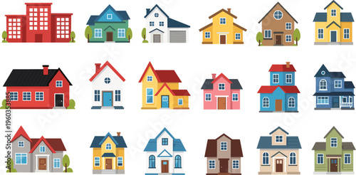 Set of colorful houses and residential buildings vector illustration featuring various architectural styles, suburban homes and modern properties for real estate design and urban living concepts
