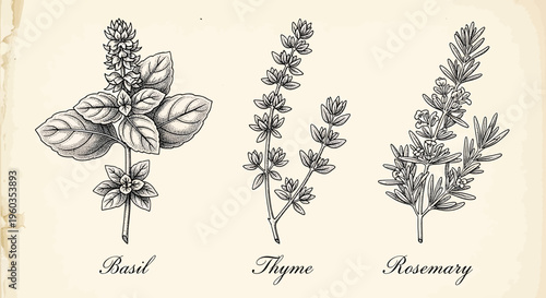 Hand drawn set of culinary herbs basil, thyme and rosemary branches botanical illustration of fresh herbs for cooking, menu design, packaging, and labels vector illustration
