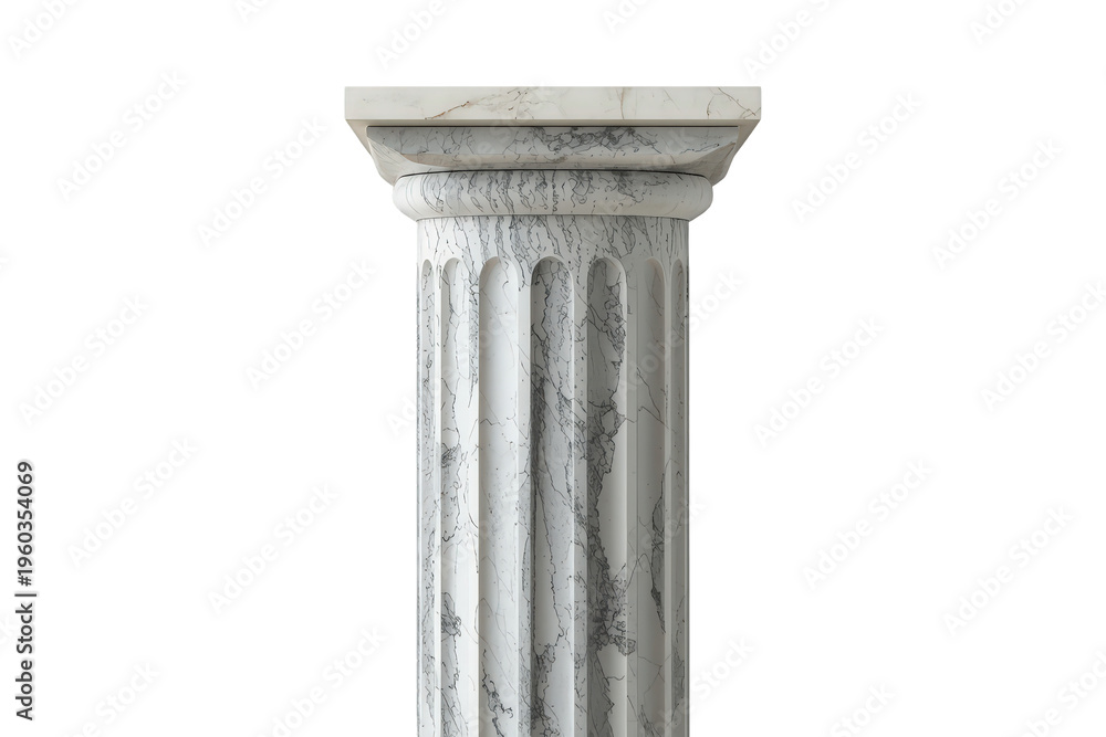Obraz premium Classical white marble column with doric capital and fluted shaft, symbolizing strength, history, and support, on transparent background