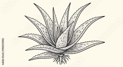 Aloe vera plant, succulent, hand drawn illustration, engraving, ink, line art, vector, botanical drawing, medicinal plant