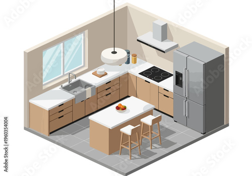 Isometric kitchen interior design with modern appliances and island seating
