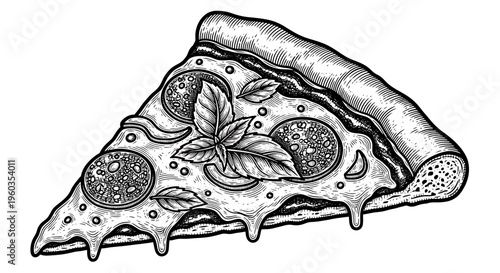 Hand drawn slice of pizza with pepperoni and basil leaves, vector illustration