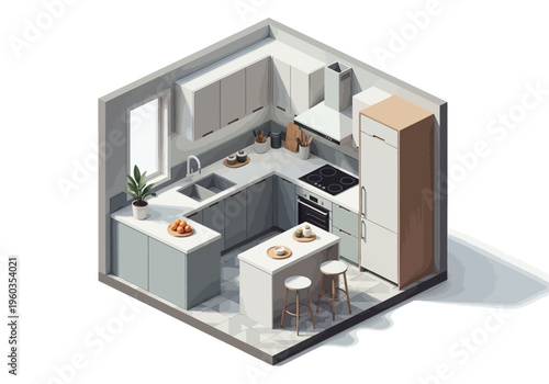 Modern isometric kitchen interior design with island and appliances