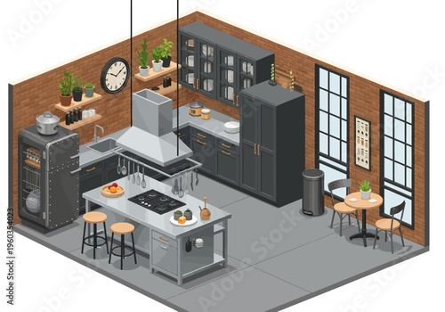 Isometric kitchen interior design with modern appliances and brick wall accents