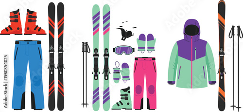 Winter sports equipment collection with skis boots poles goggles and ski suit, colorful vector set for snowboarding skiing adventure gear and outdoor activity design