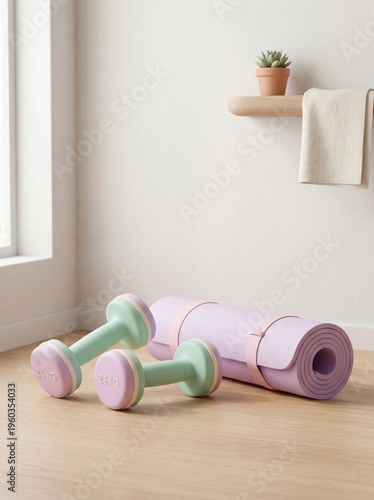 Pastel dumbbells rest beside a rolled yoga mat