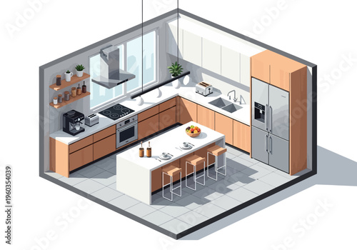 Isometric view of a modern gray kitchen with appliances and cabinetry