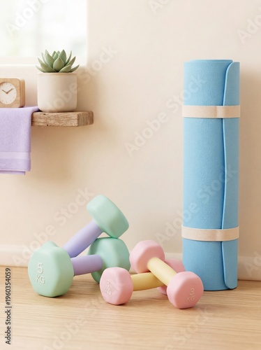 Pastel dumbbells rest beside a rolled yoga mat