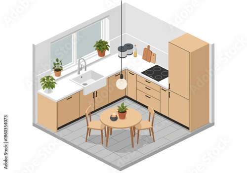 Isometric view of a cozy and modern kitchen with light wood cabinets and a dining nook