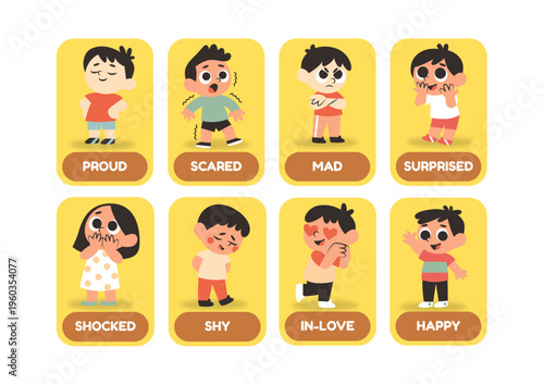 Colorful cartoon depictions of children exhibiting eight distinct emotional states.