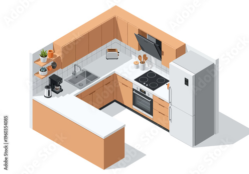 Modern U-shaped kitchen layout with contemporary appliances and warm wooden cabinets