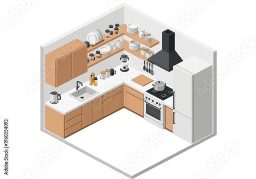 Isometric view of a modern kitchen with clean white cabinets, wooden accents, and essential appliances