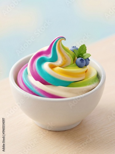Rainbow swirls cascade in a white bowl