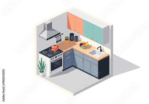 Modern isometric kitchen interior design with clean lines and functional appliances