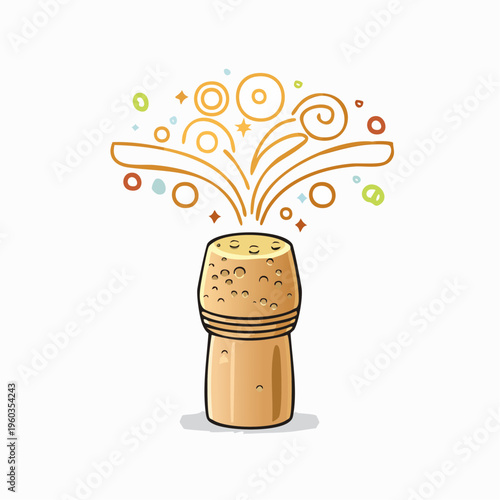 Popping Champagne Cork Illustration with Festive Burst and Sparkling Elements