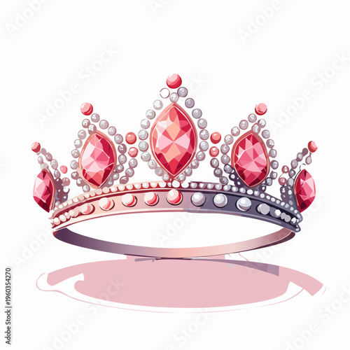 Regal Crown Vector Illustration with Pink Ruby Gemstones and Pearls, Luxury Tiara Design